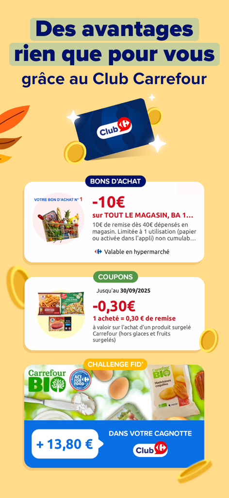 Carrefour & sa carte Club - Interface of the Carrefour app showing loyalty club rewards including shopping vouchers and discount coupons