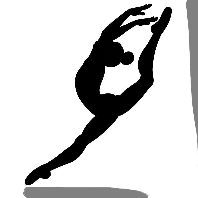 gymnast doing a leap in a leotard with a bent back leg