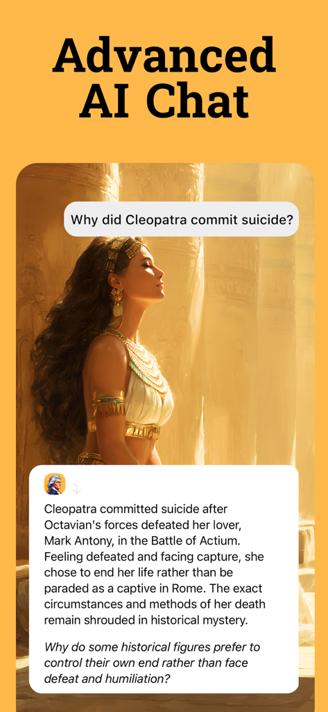 History Days: Stories & Videos - Uno screenshot di un'app mobile che mostra una funzione di chat AI avanzata che risponde a una domanda su Cleopatra con contesto storico.