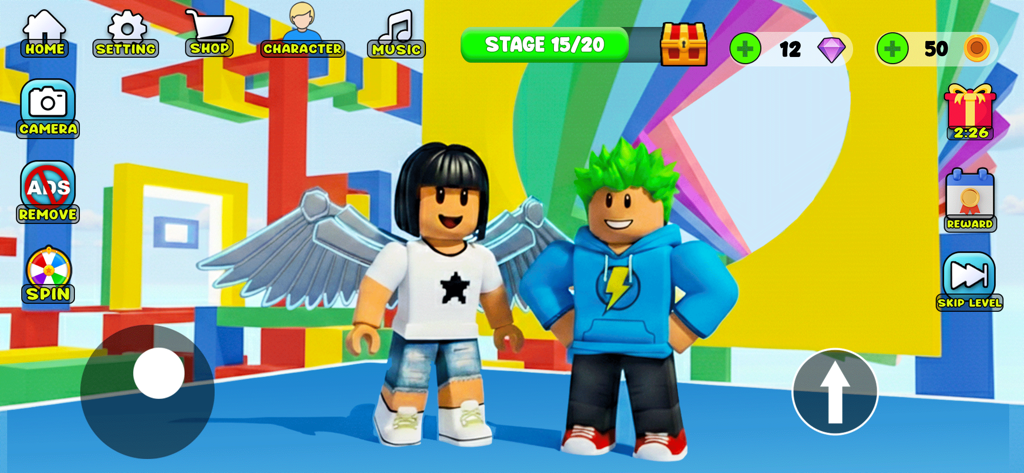 Obby Fun Parkour Race Games - Dos avatares cuadrados en una interfaz de juego de carrera parkour colorida