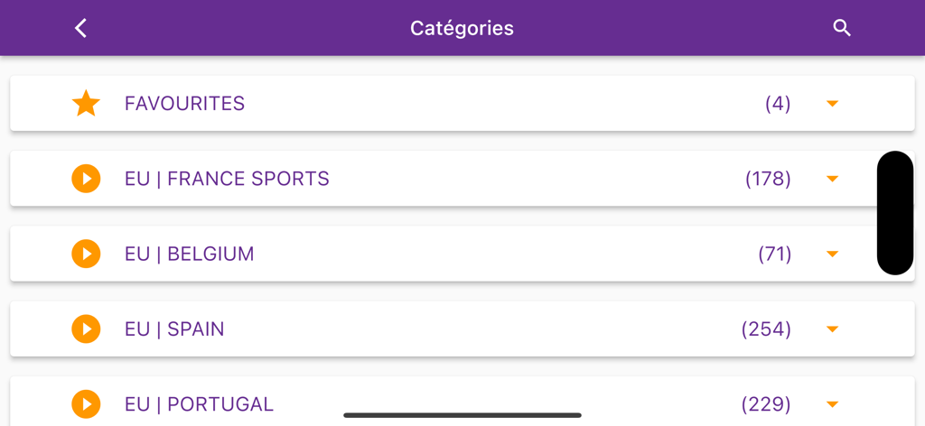 Playlist editor & IPTV Player - SageIPTV app interface showing channel categories organized by country and favorites