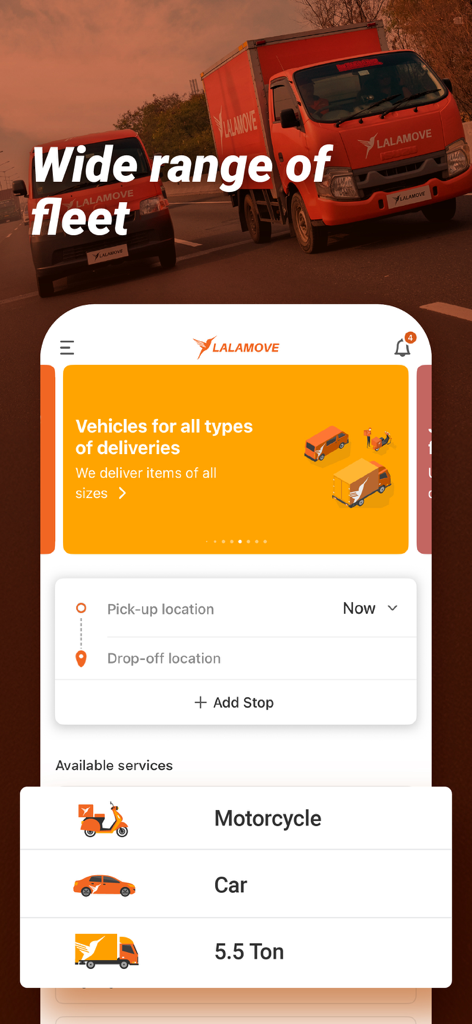 Lalamove app interface showing a wide range of delivery vehicle options including motorcycle, car, and truck
