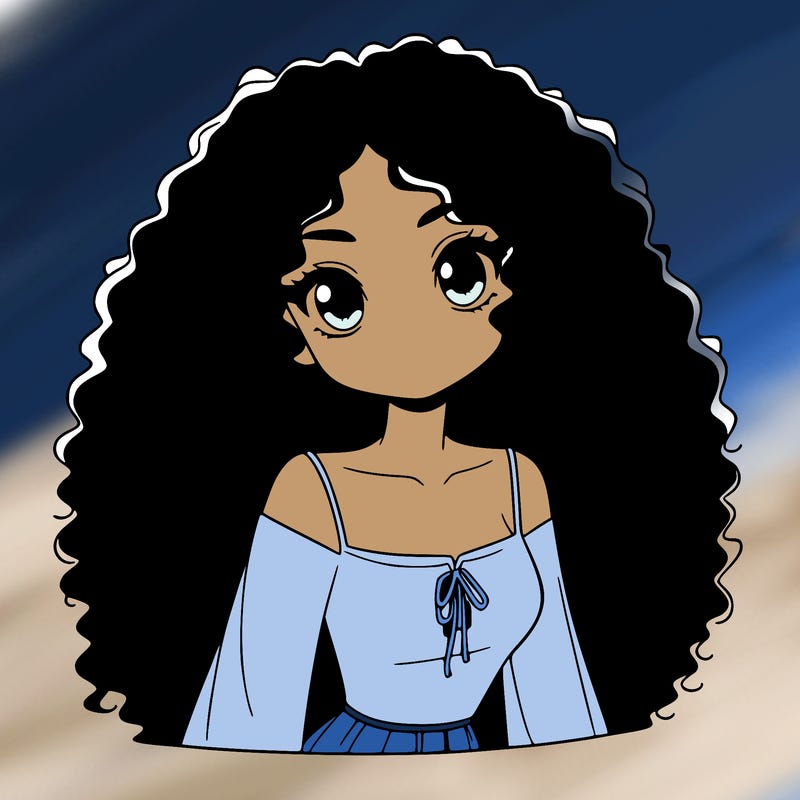 a black anime girl with long afro hair
