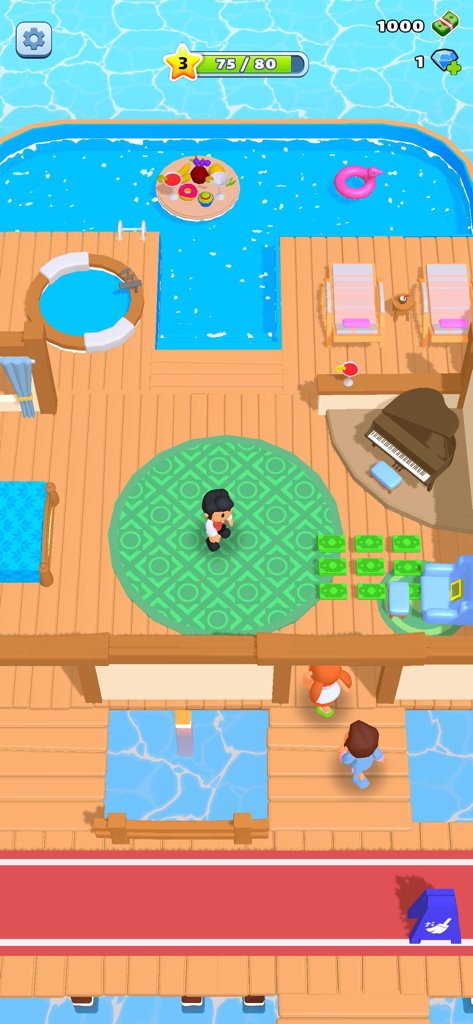 My Beach Resort! - Una vista cenital de una suite de hotel de lujo en Mi Resort de Playa, con piscina privada, tumbonas y un piano de cola.