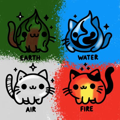 4 cats that represent the different elements, earth, water, air, and fire