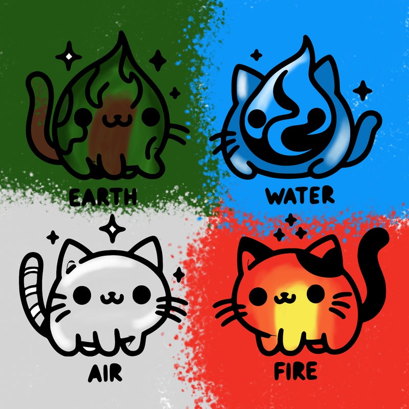 4 cats that represent the different elements, earth, water, air, and fire