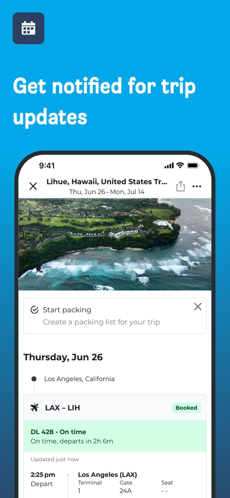 HotelsCombined app interface displaying trip updates and real-time flight tracking information