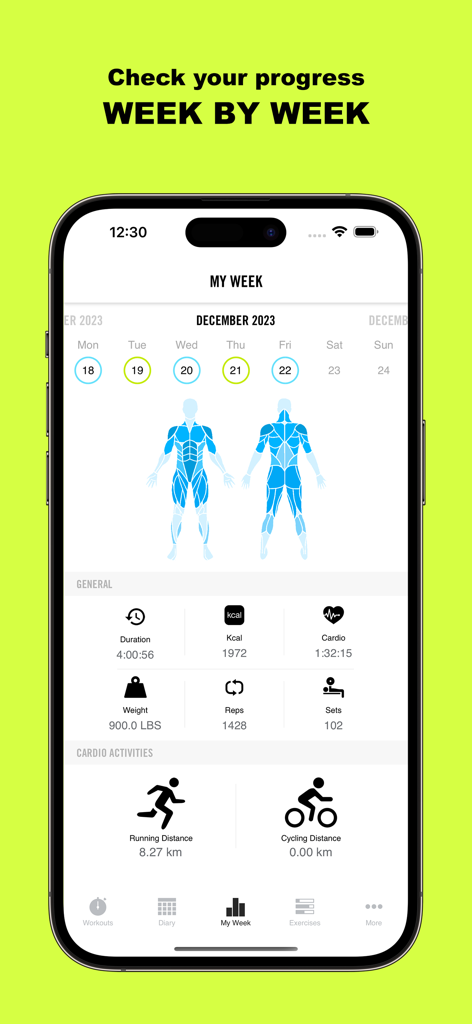 Pantalla de progreso semanal de la aplicación Gym Life que muestra un mapa de calor muscular y estadísticas de entrenamiento como calorías y duración.