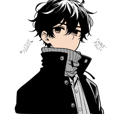 anime boy, black hair,button up jacket covering neck.