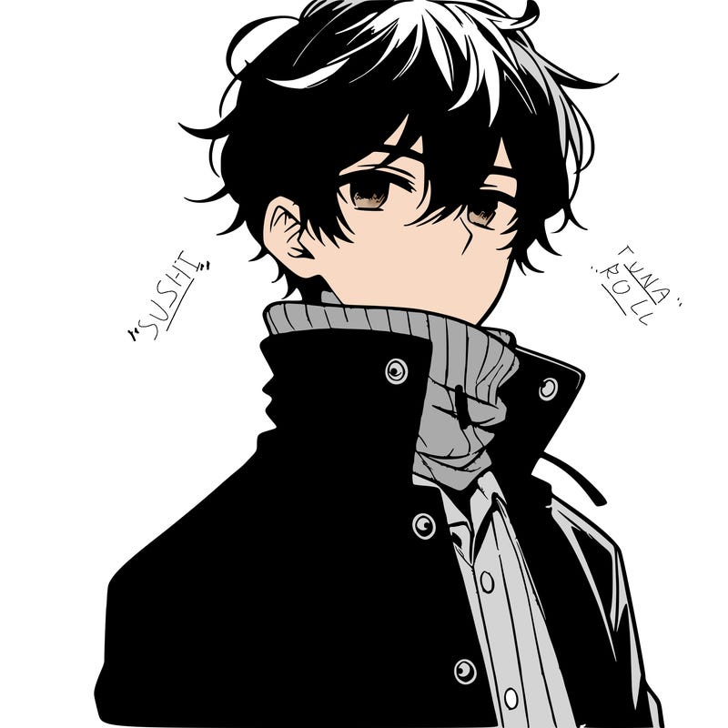 anime boy, black hair,button up jacket covering neck.