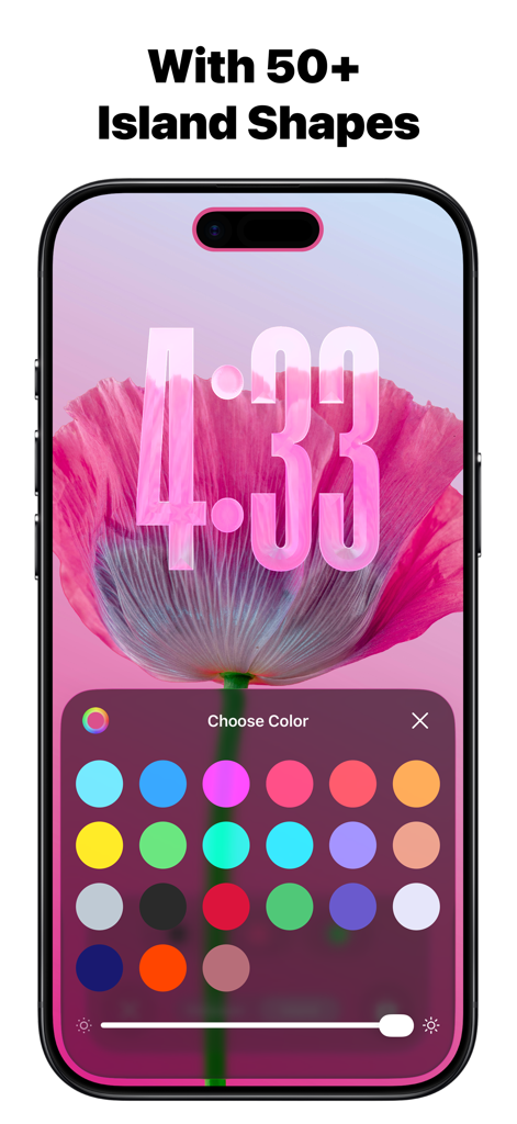 Custom Notch & Dynamic Island - iPhone interface showing dynamic island customization with a pink floral wallpaper and color selection palette