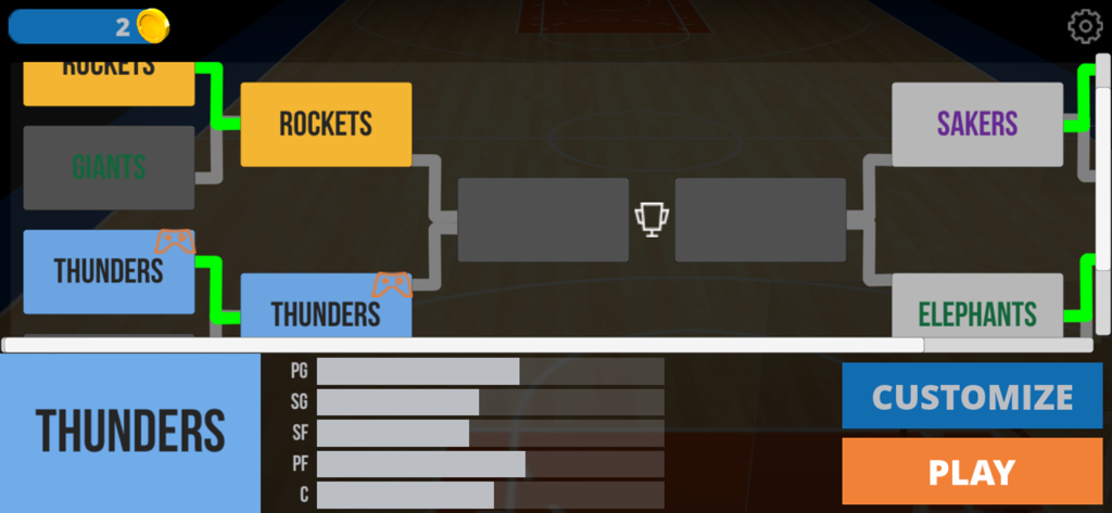 Tournament bracket screen showing team progress and stats in DoubleClutch Basketball