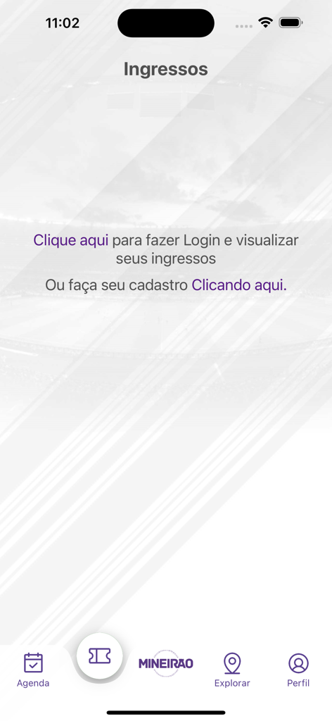 App Mineirão - Tickets section of the App Mineirão showing login prompt