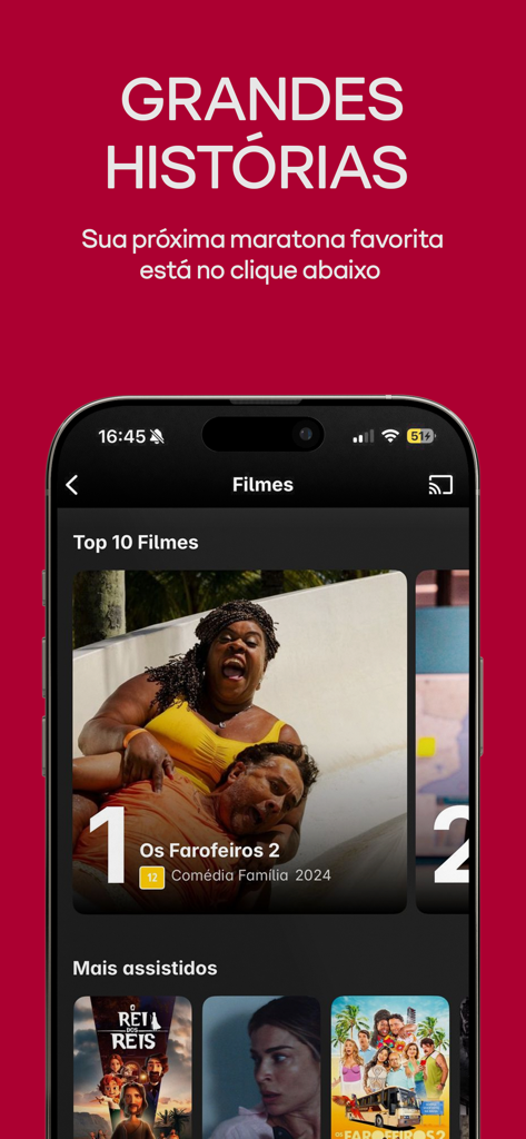 Globoplay: Novelas, séries e + - Interface of the Globoplay app showing a list of top 10 movies