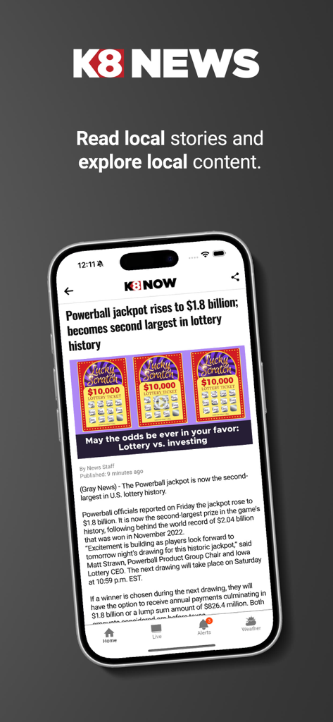 Aplicativo K8 News exibindo uma notícia local sobre um jackpot da Powerball em uma tela de smartphone