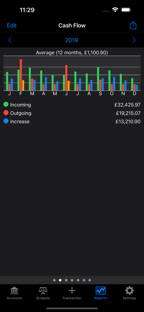 Monthly cash flow bar chart in Account Tracker Pro showing incoming and outgoing funds