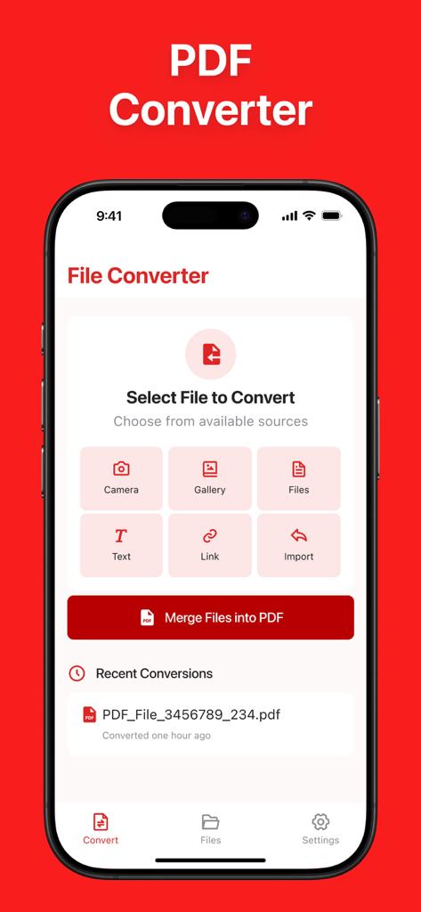 Interface principal do aplicativo Conversor de PDF mostrando várias opções para converter arquivos da galeria da câmera e links da web