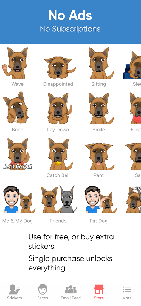 Dog Emoji Designer - A collection of custom dog stickers in the Dog Emoji Designer app featuring a German Shepherd with various expressions and interactions
