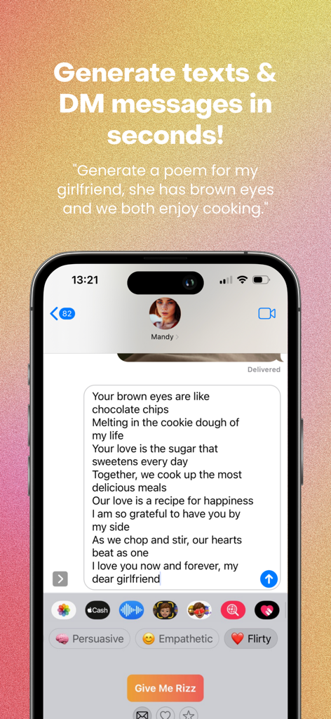 Rizz app screen showing an AI-generated poem for a girlfriend with tone options like flirty and empathetic