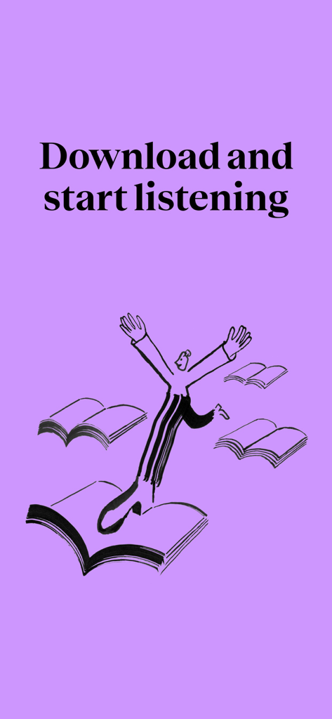 BookBeat: Audiobooks & E-books - 「ダウンロードして聴き始める」というテキストと、開かれた本の上を楽しく飛び越える人物の線画が描かれた、BookBeatアプリの紫色の画面