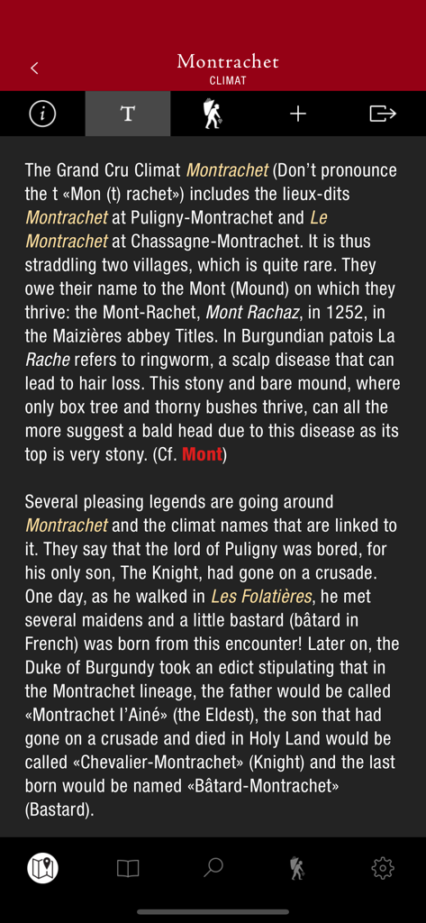 ClimaVinea - Historical and etymological details of the Montrachet vineyard in the ClimaVinea app