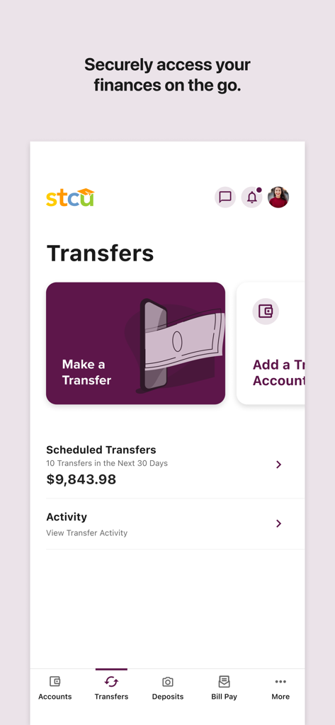 STCU Mobile Banking - The transfers screen in the STCU mobile banking app showing scheduled transfers and options to make a transfer.