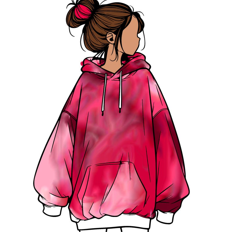realistic girl with a oversized sweatshirt on and a bun