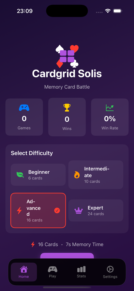 CardgridSolis - Cardgrid Solis app home screen featuring game difficulty levels and statistics dashboard