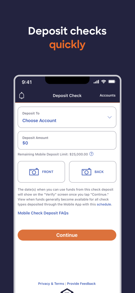 Discover Mobile app interface for quick mobile check deposits