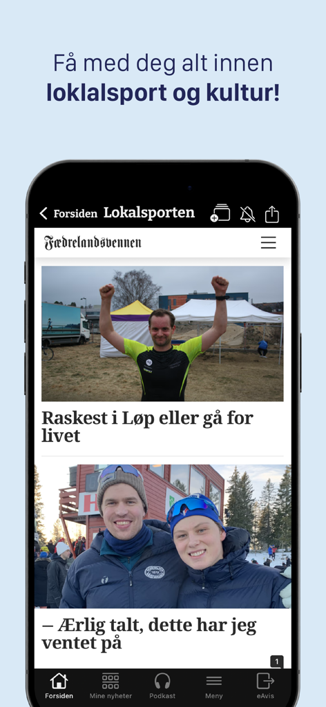 Fædrelandsvennen mobile app interface displaying local sports and culture news articles