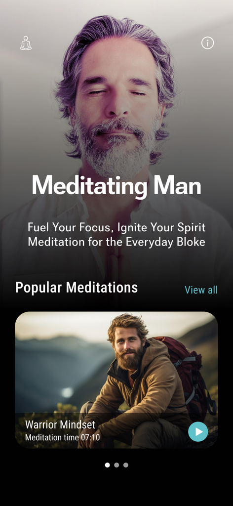 瞑想する男アプリのインターフェース。男性向けの「ウォリアーマインドセット」と呼ばれる人気の瞑想セッションが表示されています。