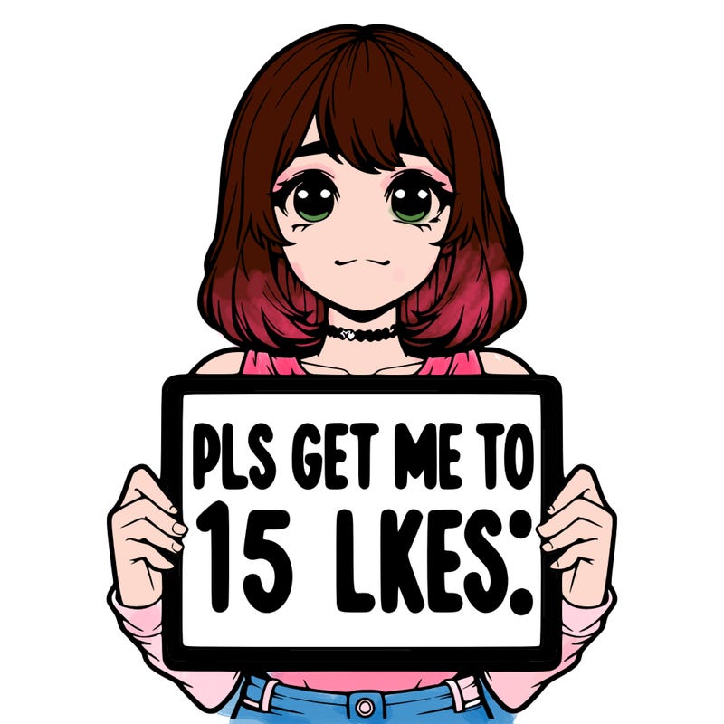 realistic girl holding up a sign that says “pls get me to 15 likes!”