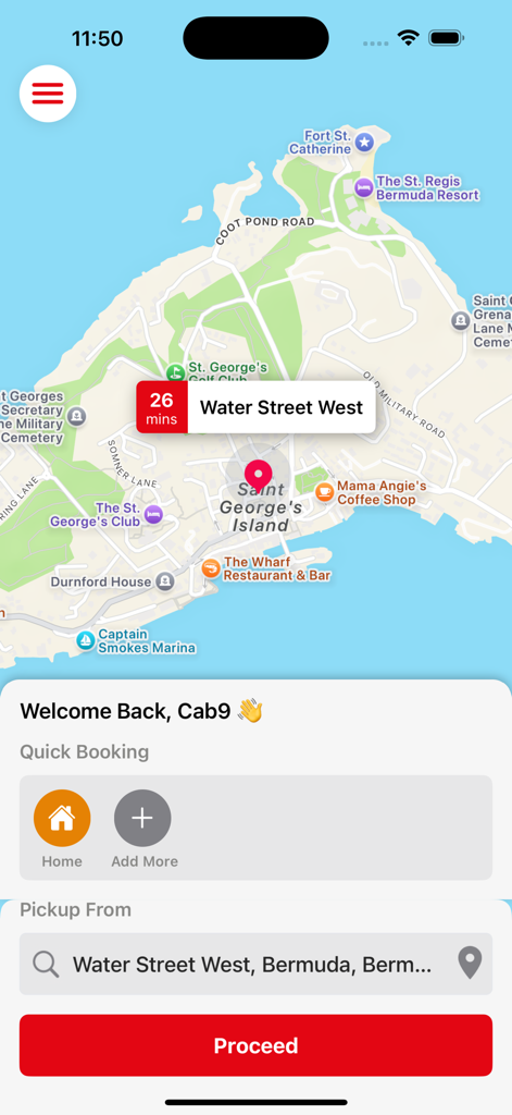 Ride.bm - Ride.bm mobile app interface showing a map of Saint George's Island in Bermuda with a taxi pickup location on Water Street West.