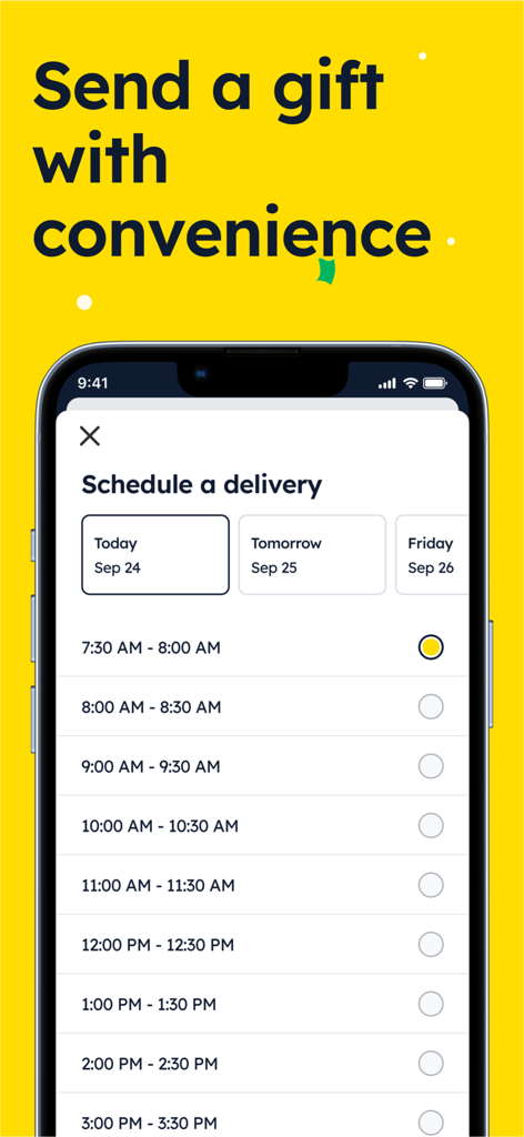 LOCALS: Food & Gifts - Interface of the LOCALS app showing options to schedule a food gift delivery with specific date and time slots