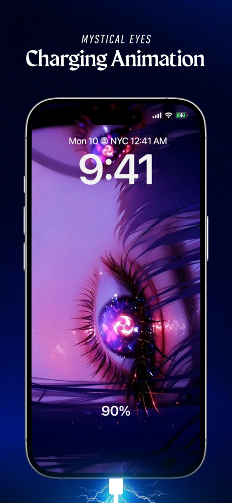 Charging Animation - Chimomo - Tela do smartphone mostrando uma animação de carregamento de olhos místicos com detalhes de íris cósmica