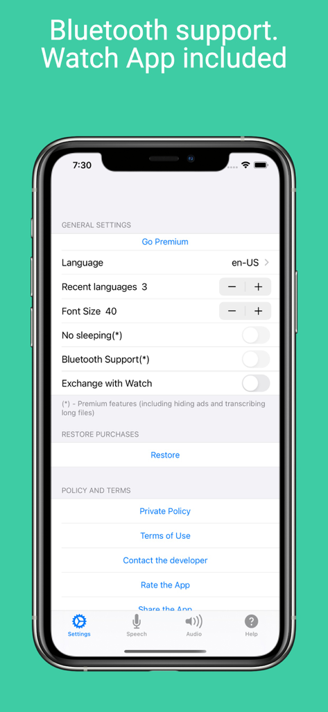 Voice Notebook - audio to text - Pantalla de configuración de la aplicación Voice Notebook en un iPhone que muestra opciones de soporte Bluetooth y sincronización con Apple Watch.