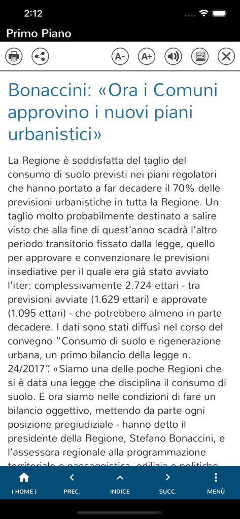 Corriere Romagna Digital - A news article display in the Corriere Romagna Digital app featuring an Italian headline about urban planning and various reading control icons.