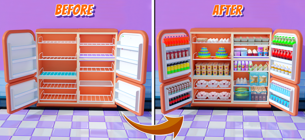 Una comparación de antes y después de una nevera vacía transformada en una nevera perfectamente organizada y surtida.