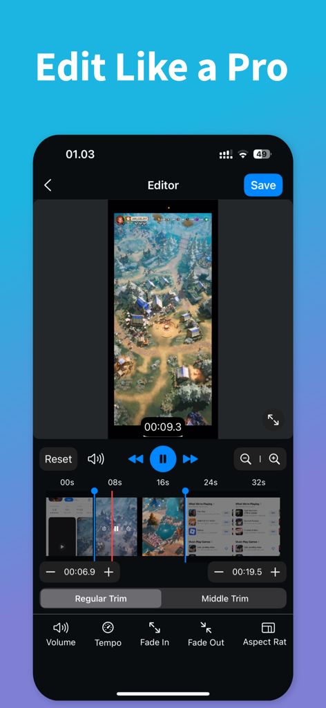 Interface of the Screen Recording app showing professional video editing tools and a game recording being trimmed