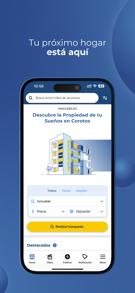 Corotos mobile app interface showing real estate search filters for apartments and houses in the Dominican Republic.