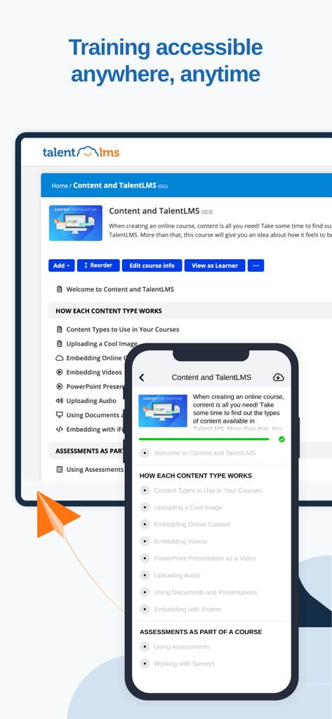 Interface do TalentLMS exibida em um laptop e smartphone mostrando conteúdo de curso sincronizado para aprendizagem móvel