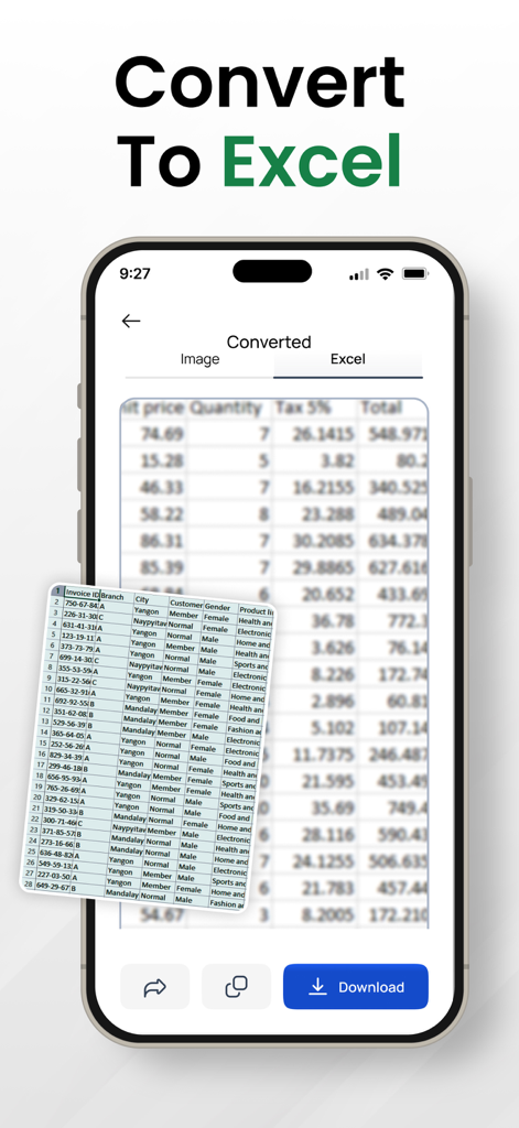 Image Converter to JPG－PDF－PNG - Smartphone interface showing an image being converted into an Excel spreadsheet