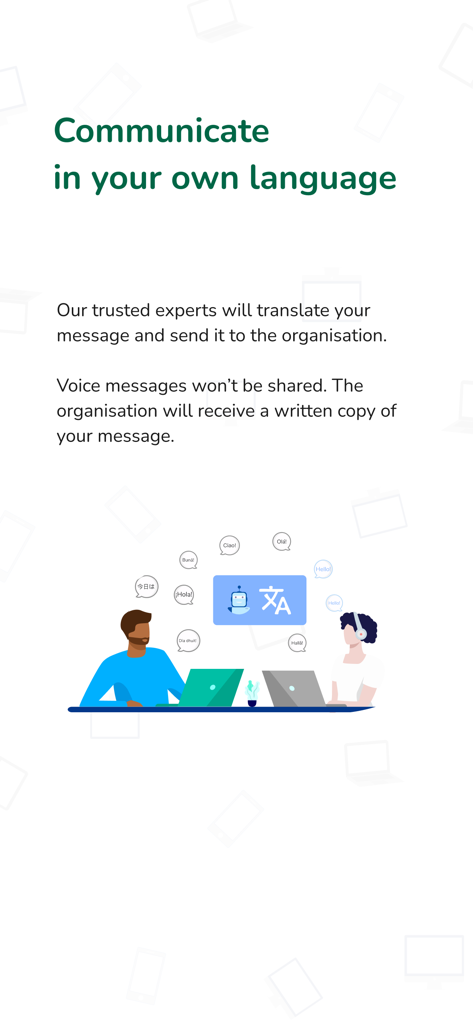 Illustration of the SpeakUp app multilingual translation service for reporting workplace misconduct