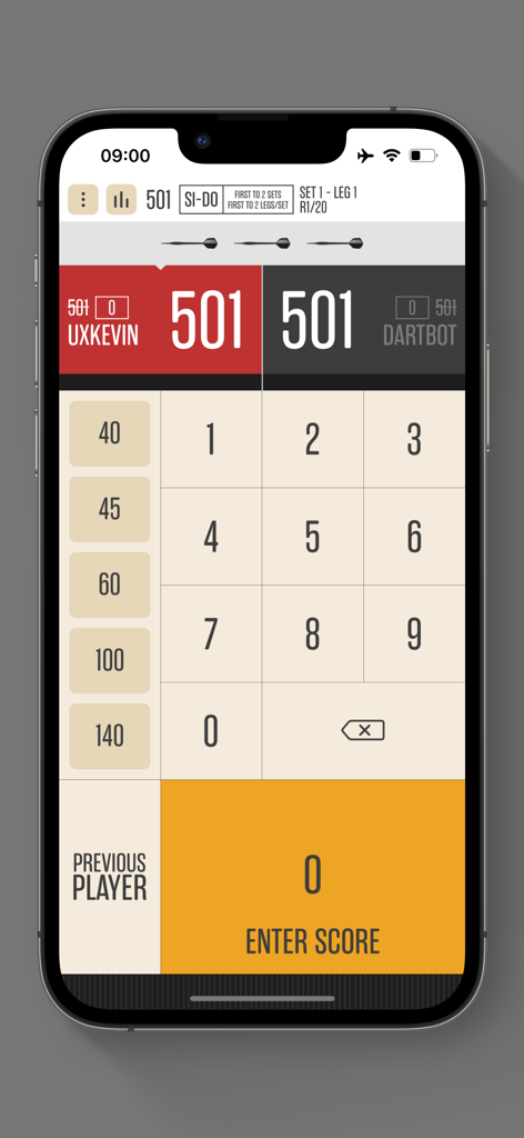 Dartsmind mobile app interface showing a 501 darts match scoring screen with a numeric keypad and player scores.