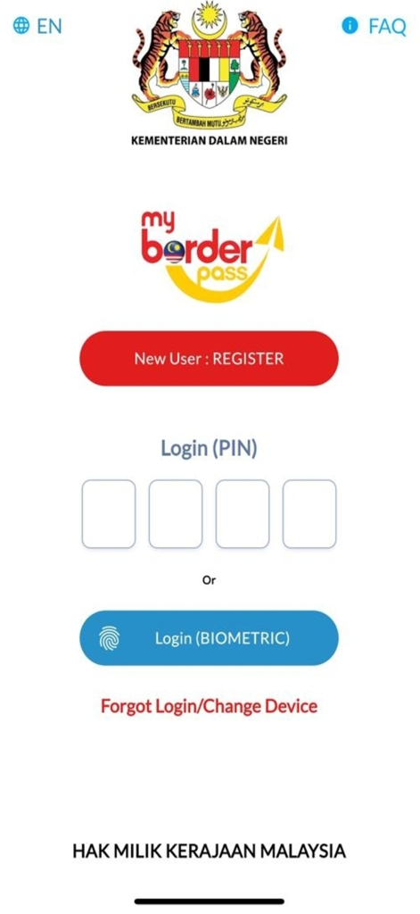 Schermata di accesso MyBorderPass con opzioni di registrazione e accesso biometrico