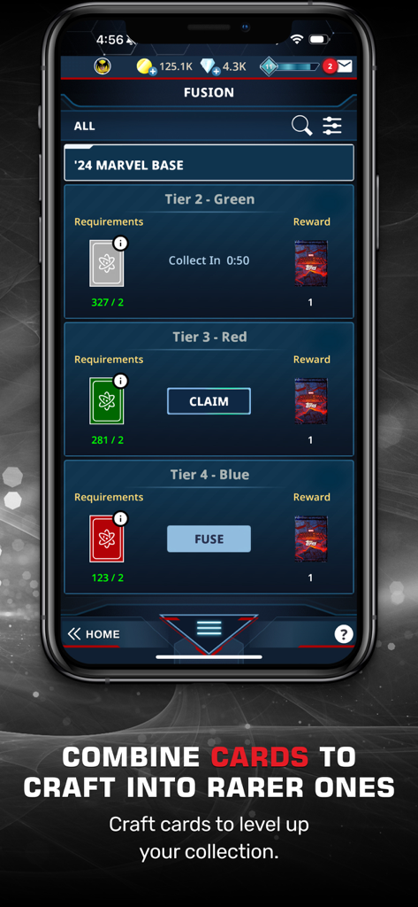 Marvel Collect app screen showing the fusion feature to combine cards into rarer digital collectibles