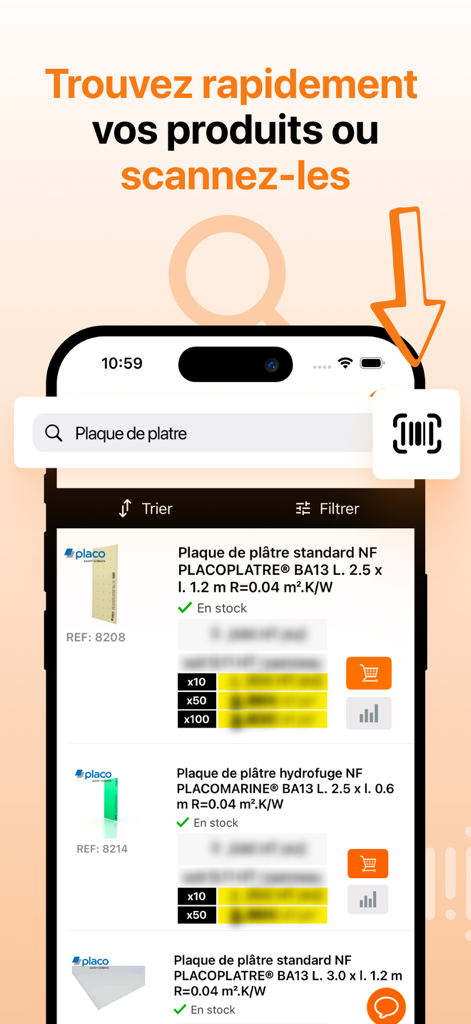 Mobile app interface for construction professionals showing search results for building materials and a barcode scanner tool