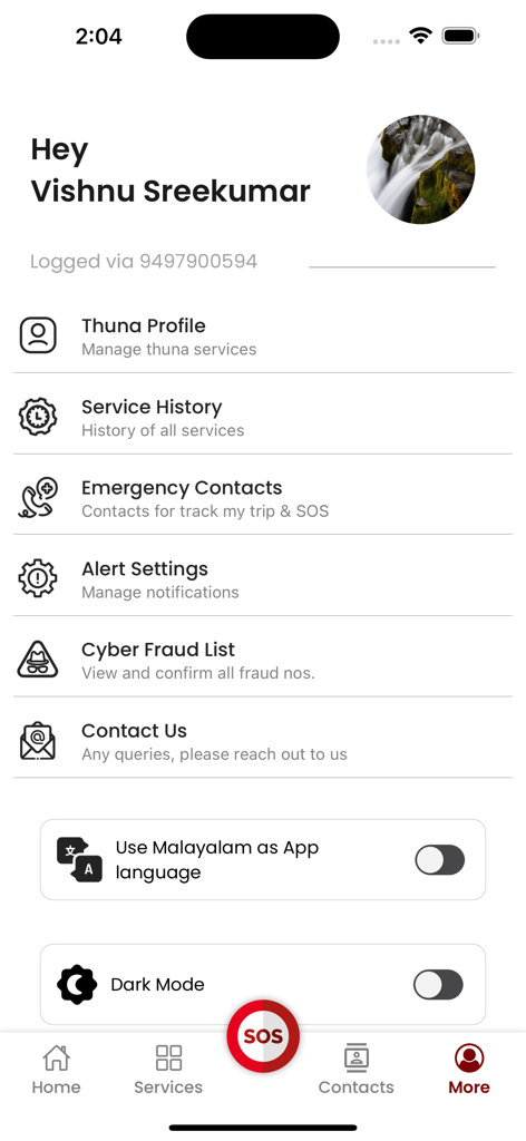 Pol-App(Kerala Police) - User profile and settings menu of the Pol-App Kerala Police featuring service history and emergency options