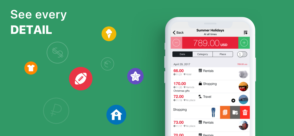 Cost Track: your Money Tracker - Cost Track app screen showing a detailed list of expenses for a summer holiday with category icons