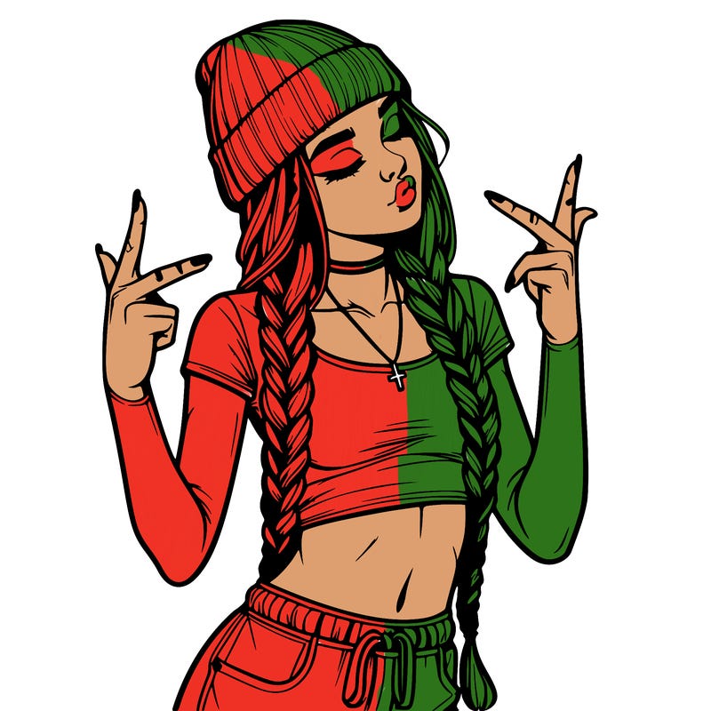 realistic teenage girl with braids and a beanie and crop top doing 🫶🏼